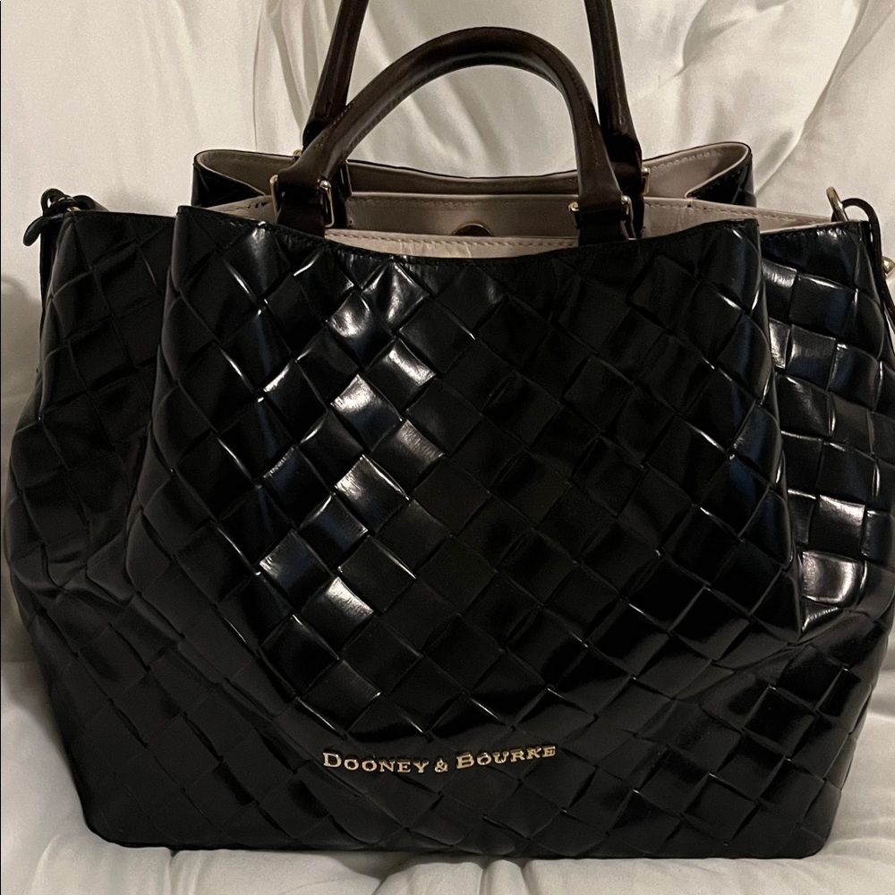 Dooney & Bourke Black Woven Patent Tote with Brown Handles